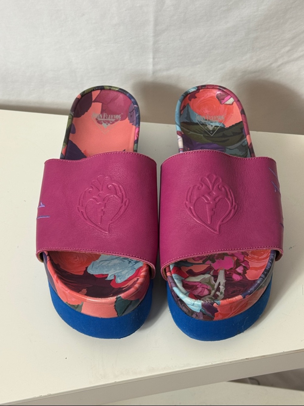John Fluevog Magenta Floral Slide Sandals